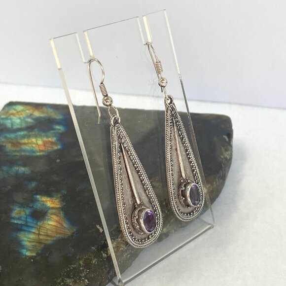 Sterling Silver 925 OKA Bali Oval Amethyst Teardrop Dangle Drop Earrings - Picture 11 of 16